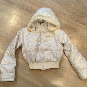 Bebe White and Ivory Puffer Jacket (fur trim detachable hood)